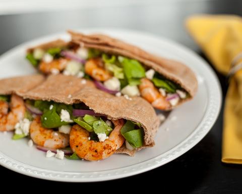 Budget-Friendly Greek Salad and Grilled Shrimp Pitas