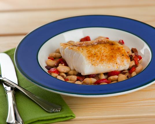 Cod on Roasted Pepper and White Beans