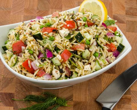 Greek Orzo Salad with Peas, Lemon and Kalamata Olives