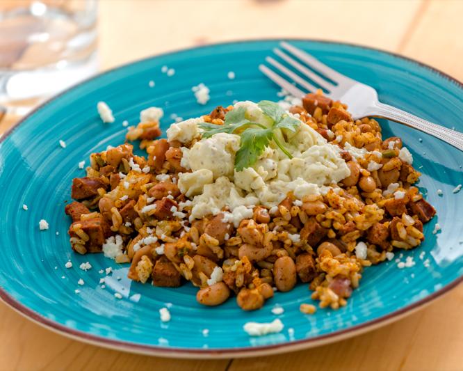 Huevos Rancheros with Pinto Beans, Brown Rice and Chicken Sausage
