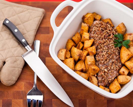 Pecan Crusted Turkey Tenderloin with Sweet Potatoes