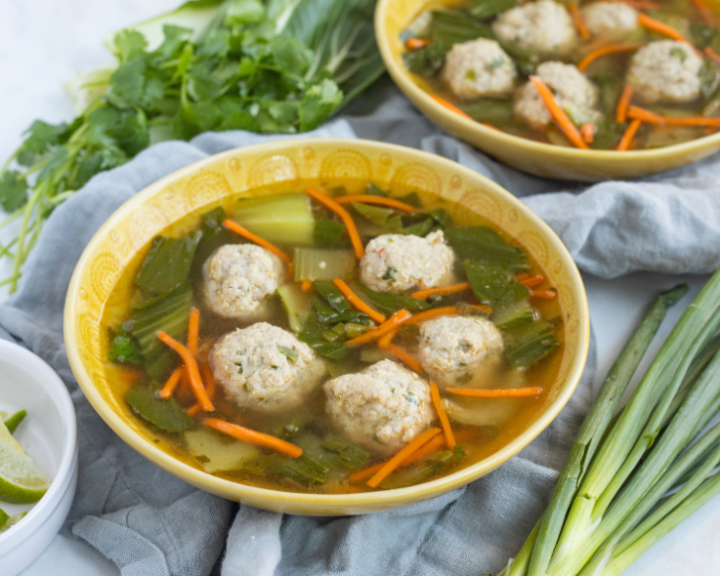 Turkey Meatball “Wonton” Soup with Bok Choy & Carrots