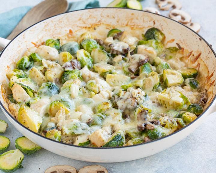 Cheesy Chicken, Brussel Sprouts & Mushroom Bake