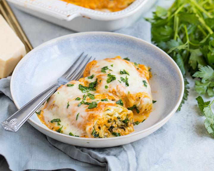 Crab, Kale & Ricotta Lasagna Rolls with Parmesan Pumpkin Sauce