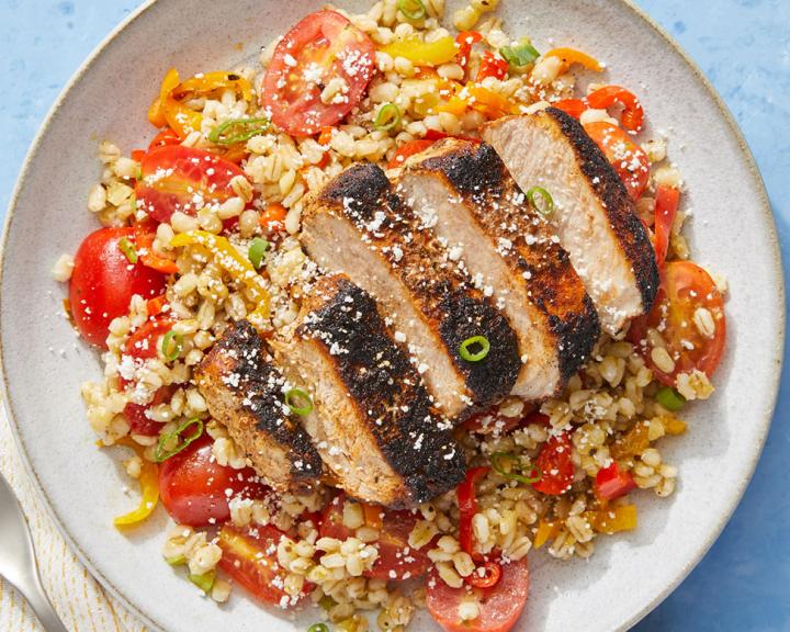 Mexican-Spiced Pork Chops with Tomatillo Barley & Cotija Cheese