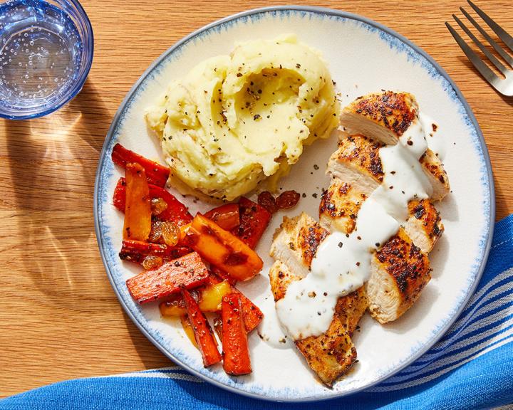 Seared Chicken & Goat Cheese Sauce with Mashed Potatoes & Carrot-Pepper Agrodolce