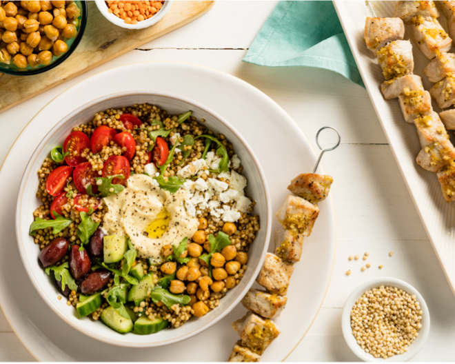 Mediterranean Grain  Bowl with Pork  Skewers