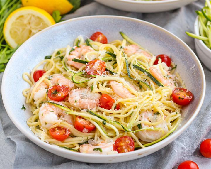 Shrimp Scampi Spaghetti with Zucchini Noodles and Fresh Tomatoes