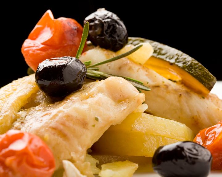 Roasted Cod With Tomatoes, Zucchini, And Olives