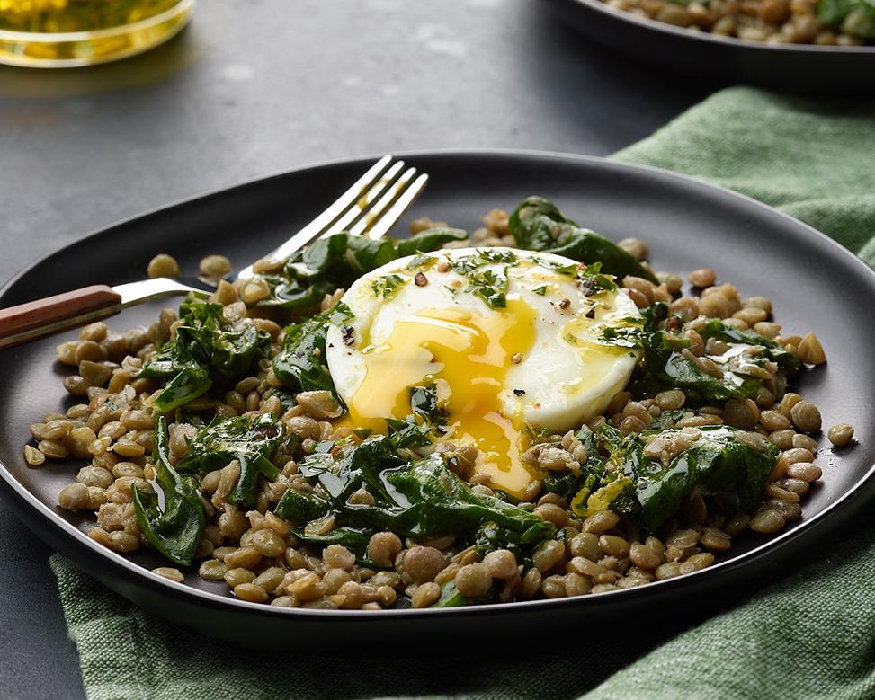 Poached eggs spiced lentils toast for filling savory high-protein breakfast
